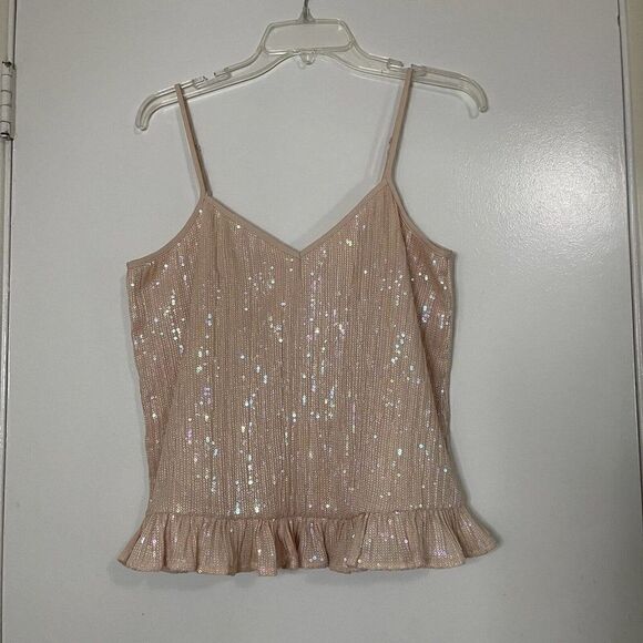 Anthropologie Pink sequin ruffle hem tank top size US 6 - Picture 2 of 6